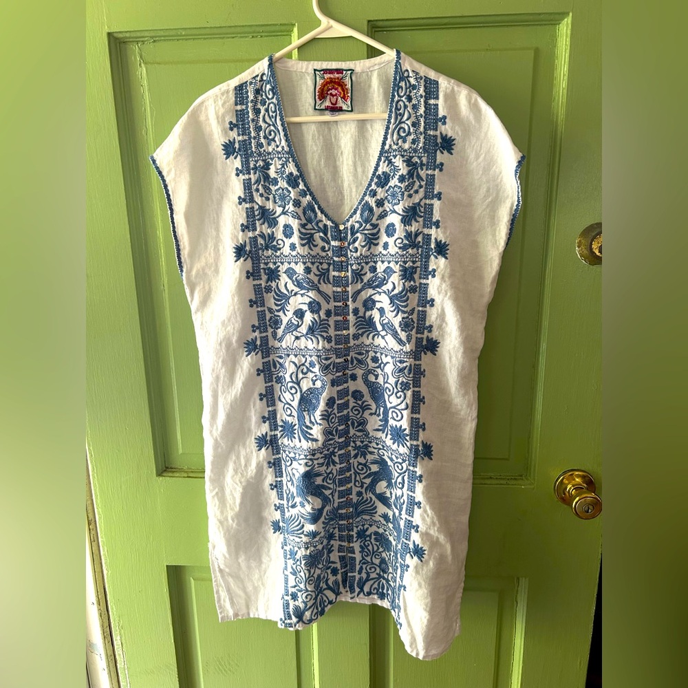 Fabulous Johnny Was Harriet linen peacock bird embroidered kaftan dress. - Picture 3 of 11